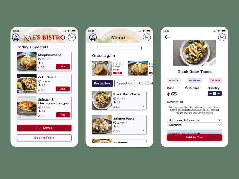 Restaurant App - Kae's Bistro app ui ux