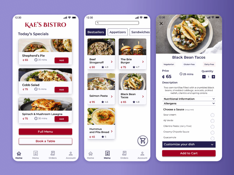 Kae's Bistro restaurant app app design ui ux