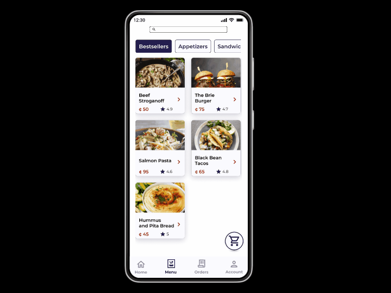 Kae's Bistro restaurant app - menu screen app design ui