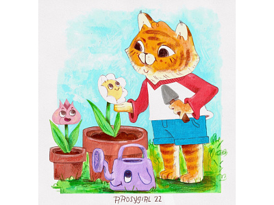 Planting Positivity character childrens book childrens illustration colored pencil cute digital illustration flowers gouache illustration procreate tiger