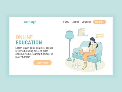 Online education landing page design education freelance girl graphic design landing page laptop online sofa studing vector website woman work from home working
