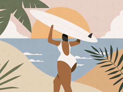 Surfer 2d beach character design flat girl illustration landscape palm sea sun sunset surf surf board surfer waves