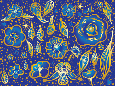 «Flowers, leaves & elements» of the Gold Collection | 1 acrylic adobe illustrator blue botanical bouquet daisy floral flower gold heart illustration iris leaves pattern rich shiny surface design textile wallpaper watercolor