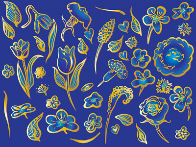 «Flowers, leaves & elements» of the Gold Collection | 2 acrylic adobe illustrator blue botanical element fabric floral flower gold illustration leaves luxury pattern rose shiny surface design textile tulip wallpaper watercolor