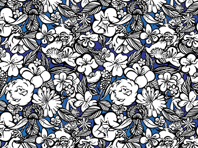 Floral seamless pattern from the Gold Collection | B&W version art black and white blue blue background bnw botanical bouquet design floral floral design genevievechausseart illustration pattern seamless seamless pattern surface design