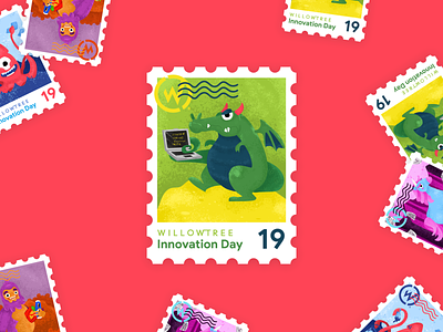 Innovation Day Dragon 2019 character dragon illustration innovate innovation innovation day magical postage stamp sticker unicorns