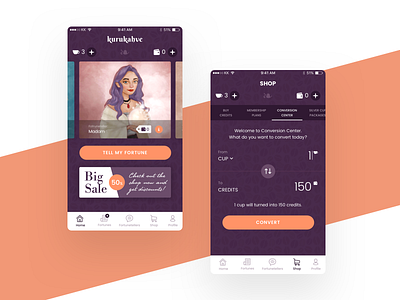 KuruKahve Fortune-Teller App Design app character design conversion convert design fortuneteller girl illustration sketch ui