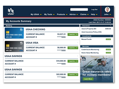 USAA Banking - Visual UI Redesign Concept Project adobe app application bank banking blue design product design ui ui design ux ux design