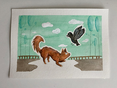 Playtime animal animal illustration colored pencil crow dog illustration illustrator nature park play watercolor