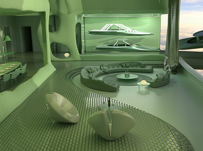 Green Room 3dart 3dmodel architecture creative design digitalart flyingcar future futuristic graphic design green nft