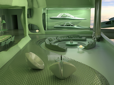 Green Room 3dart 3dmodel architecture creative design digitalart flyingcar future futuristic graphic design green nft