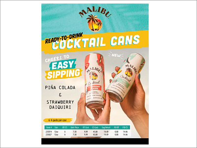 Malibu Cocktail Cans Sell Sheet adobe illustrator adobe indesign advertisement malibu rum promotional material sales sell sheet selling tool