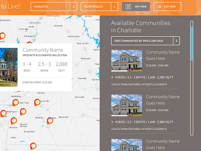 True Homes - Home Search dropdown flyout homes list map pins real estate scroll search sort ui