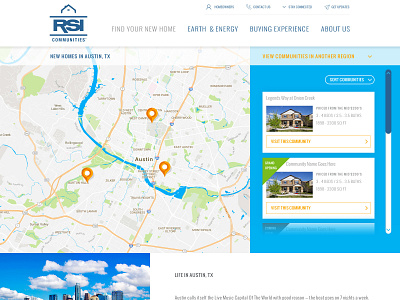 RSI Communities - Regional Landing Page blue clean cta homes internal listings map menu modern navigation real estate subpage ui website