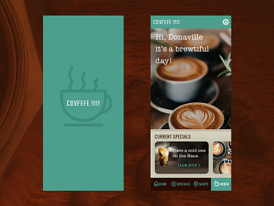 Covfefe Haus App - Loading & Home Screen app coffee covfefe daily ui mobile nav navigation navigation menu offers shop small business specials ui ui challenge