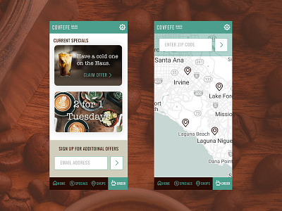 Covfefe App - Specials & Locations app coffee covfefe daily ui earthy location map mobile offers promos promotions ui challenge