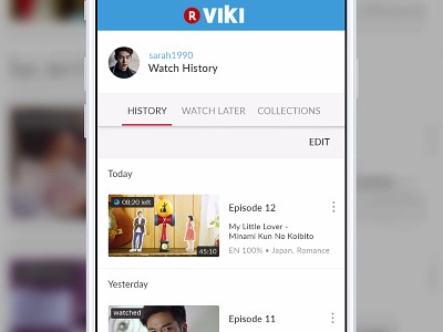Watch History history made with invision marker mobile first mobile web profile responsive streaming video viki watch web