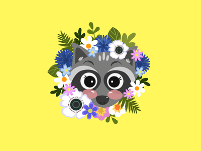 very cute raccoon with flowers animals app cartoon cute design digital art fern floral flowers graphic design illustration leaves nature raccoon style vector yellow