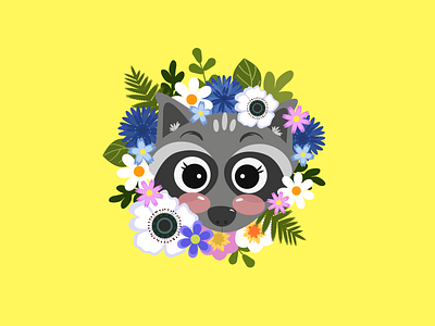 very cute raccoon with flowers