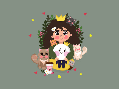 Cute girl with yochi and lovely cats animals art cartoon cat cats cute digital art fan fanart friends girl illustration line line friends love lovely treasure truz yochi