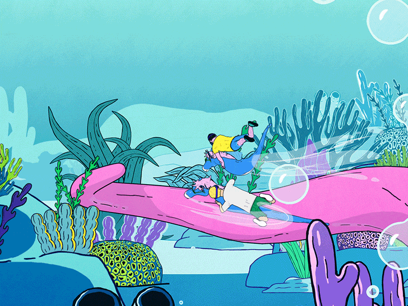 Coke Summer - Tentacle Slide! cel animation summer bubble character guys seahorse plants sea jump octopus water splash
