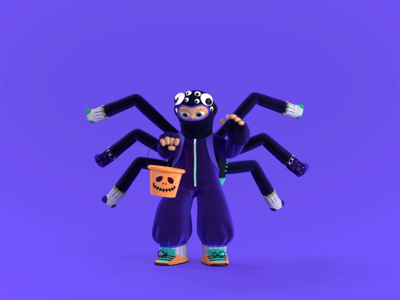 Halloween tricks 3d animation 3d art animation autodesk maya character costume design googly eyes halloween hand jump pumpkin purple spider trickortreat
