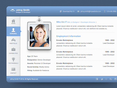 Vcard blue card clean corporate modern online personal portfolio project vcard website