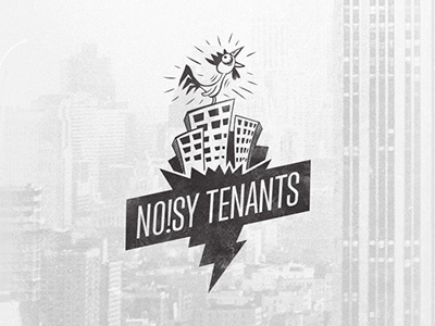 Noisy Tenants building cartoon character city lightning bolt logo loud noisy rooster skyline tenant tenants