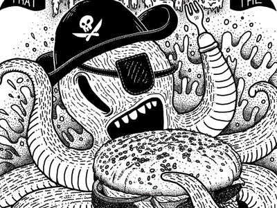 Kraken burger captain delicious fork hamburger hook illustration kraken pirate skull splat waves