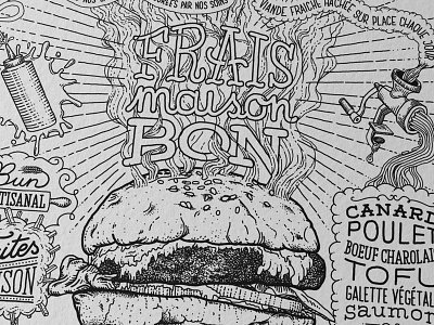 LPM poster banner bread fries grinder hamburger hand drawn illustration ketchup letters meat poster steam