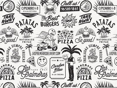 Las Palmeras pattern burgers fastfood illustration logo palms pattern pattern art pizza pizza box restaurant salads vintage