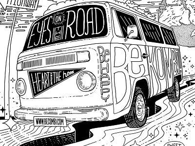 high on the way abstract hand lettering illustration lettering road space sparkle stars van vintage wv