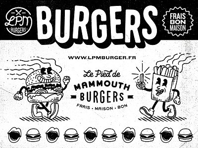 LPM Burgers branding burger burgers cartoon fastfood food fries graphic design grunge hunger lettering logo mascot oldschool packaging restaurant vintage