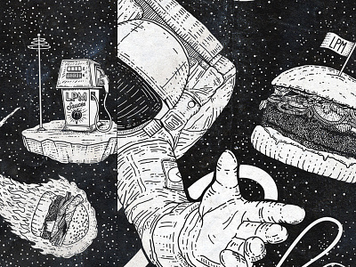 Rest stop outta space astronaut burger flag fuel gas illustration pump space