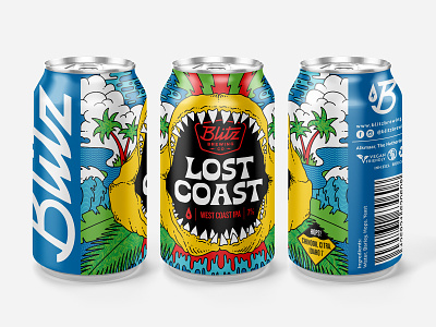 Lost Coast - West Coast IPA beach beer beer can beer can design beer label branding brewery graphic design illustration jaws lost coast ocean packaging palms shark west coast