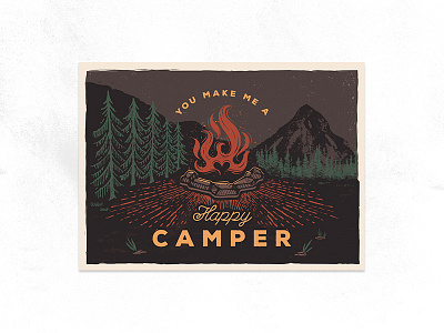 Happy Camper campfire card heart illustration mountains valentines day