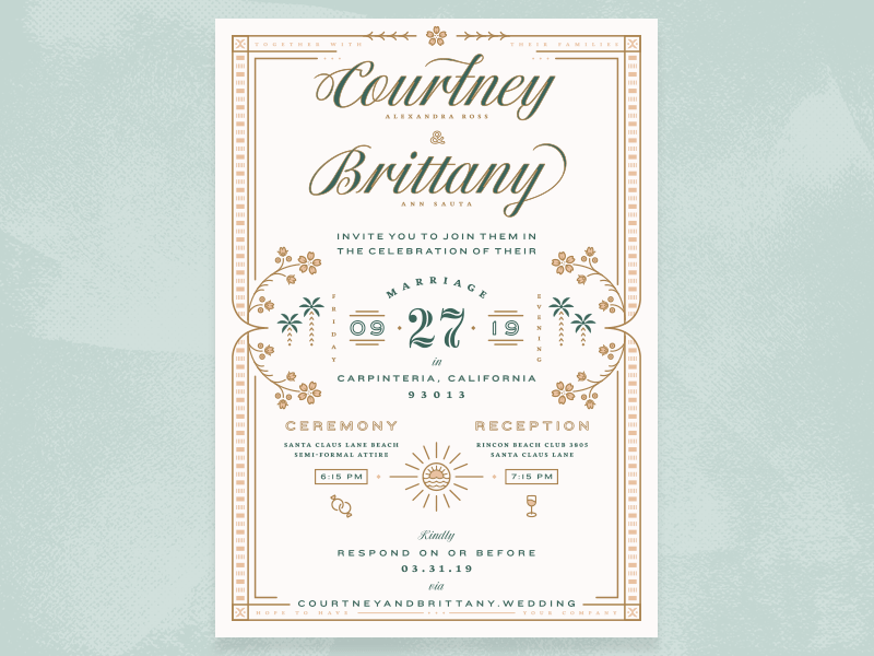 California Wedding Invite beach california flowers icons invitation lockup palm trees sun typography wedding