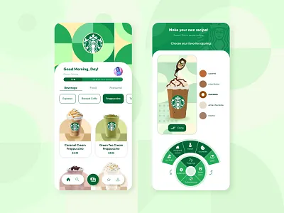 Redesign Starbucks App app aurora background beverage coffee custom beverage design flat geometric geometric background green mobile redesign starbucks ui yellow