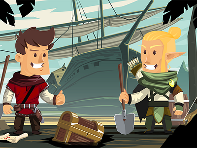 Treasure Hunting 2d banner cartoon character fantasy illustraion megawins