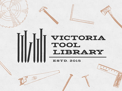 Tool Library Logo axe books branding hammer illustration library logo nail ruler saw texture tools