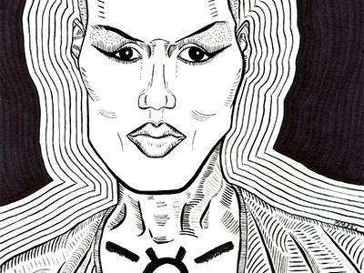 Grace Jones- chest paint black and white body paint by hand copic diva female grace jones illustration ink maugre portrait