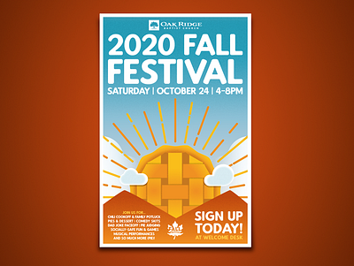 2020 Fall Festival Poster Design autumn blues church clouds event fall fall colors festival festival logo festival poster fun illustration illustrator oranges outdoor pie stylized sun