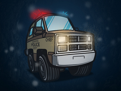 Stranger Cars - Hopper's Truck 1980s 80s artwork blue car cartoon cartoony chevy drawing hopper lights linework police red stranger things truck upside down