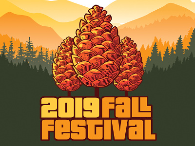 ORBC FallFest Poster autumn brown church concert design event fall festival festival poster mountains orange pine pinecone poster red smokey sunset yellow