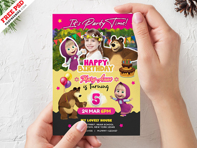 Masha and the Bear Birthday Invitation Card PSD birthday birthday party card design free psd graphic design invitation card kids party party card photoshop psd psd template