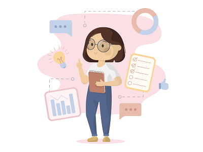 A girl with a notebook planning tasks diagrams girl illustration management professional strategy vector