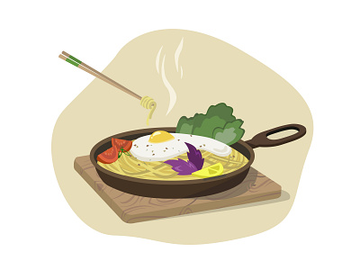 Hot mi goreng on a frying pan food illustration mi goreng noodles vector