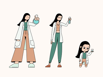 A girl in a lab coat in various styles of hyperbolisation chemist flask girl hyperbolisation illustration lab coat vector
