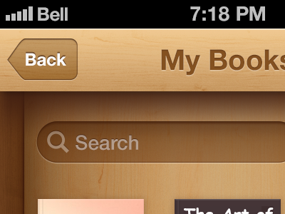 Bookshelf App Interface and app back bar book button buttons edit hammer hand interface ios iphone navigation search shelf wood