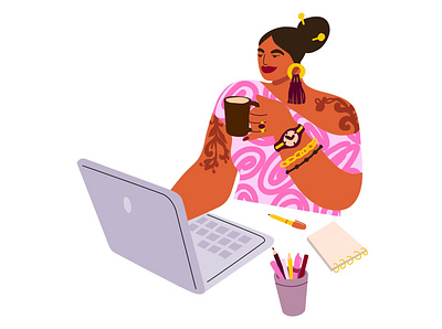 The girl works for a laptop and drinks coffee body positive book illustration cartoon coffee design flat girl graphic design illustration motion graphics office people woman